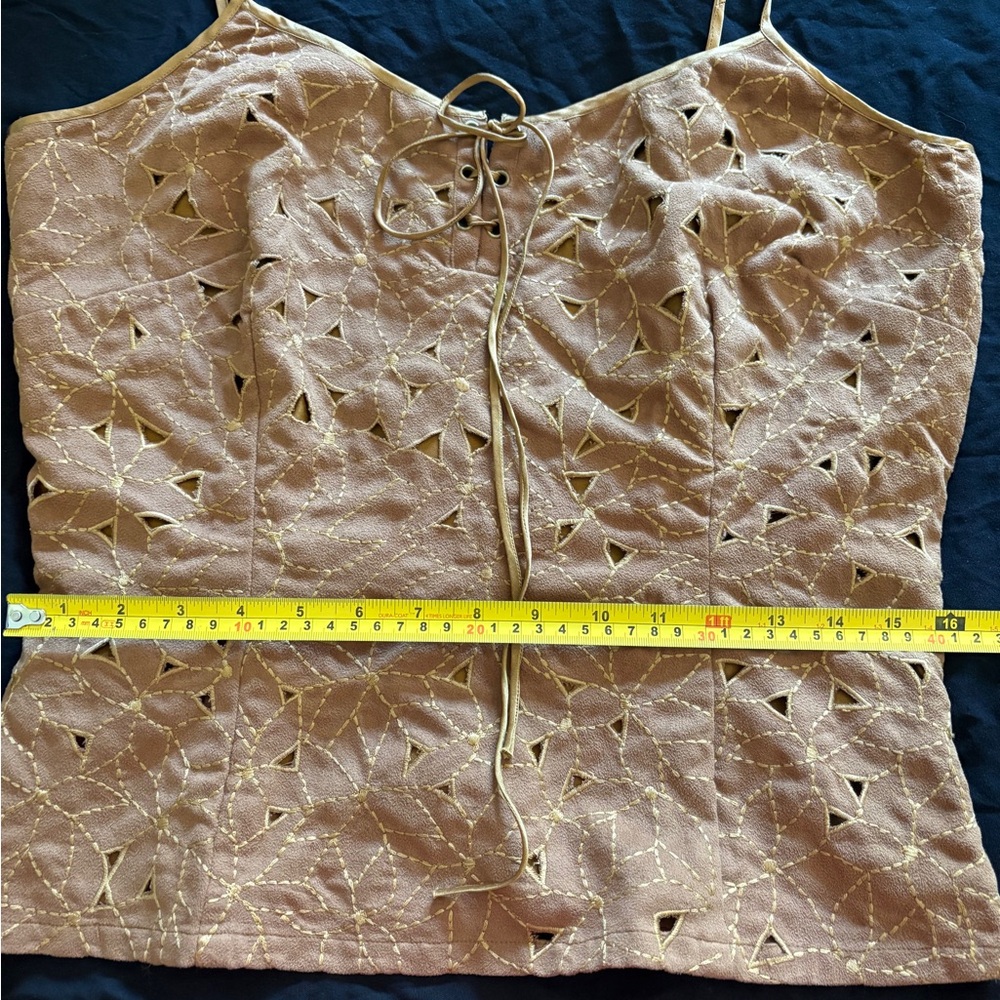 Brown Eyelet Lace-Up Suede-Look Spaghetti Strap Camisole - Picture 12 of 15
